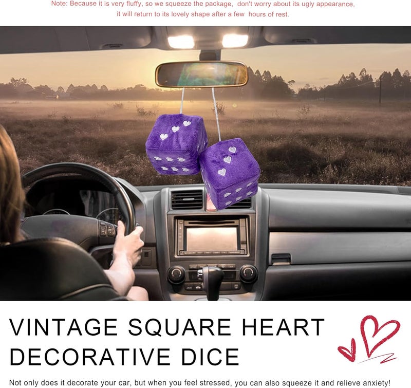 ZNDAW 2 PCS Fuzzy Plush Dice for Car Mirror, 2.75" Retro Square Heart Shape Car Rearview Mirror Cute Decor, Fluffy Dice Vehicle Hanging Ornament Decoration Interior for Women (Purple) - Image 5